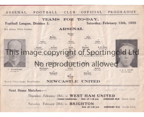 ARSENAL V NEWCASTLE UNITED 1926     Programme for the League match at Arsenal 13/2/1926, slightly creased and staples removed