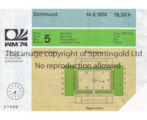 WORLD CUP 1974 WEST GERMANY     Ticket for Scotland v Zaire in Dortmund 14/6/1974.    Good