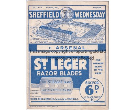 SHEFFIELD WEDNESDAY V ARSENAL 1935     Programme for the FA Cup Quarter-Final at Sheffield 2/3/1935. Sheffield Wednesday won 