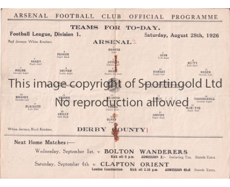 ARSENAL V DERBY COUNTY 1926     Programme for the League match at Arsenal 28/8/1926, slightly creased, scores entered and sta