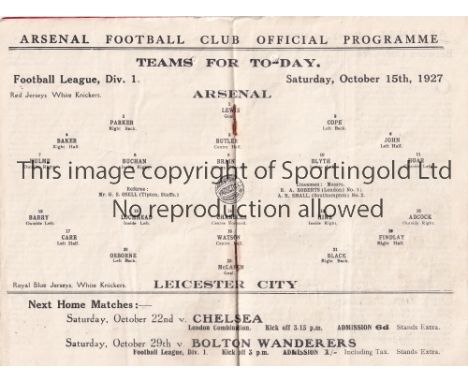 ARSENAL V LEICESTER CITY 1927   Programme for the League match at Arsenal 15/10/1927.    Generally good
