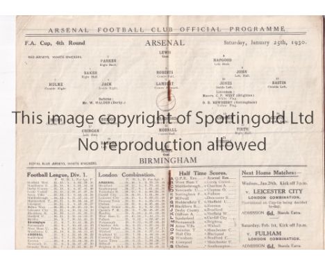 ARSENAL V BIRMINGHAM 1930    Programme for the FA Cup tie at Arsenal 25/1/1930, horizontal fold. Arsenal won their FA Cup in 