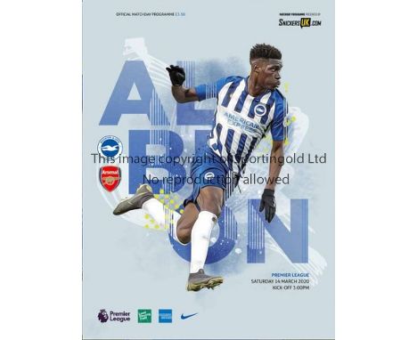 BRIGHTON &amp; HOVE ALBION ARSENAL 2020 POSTPONED Official programme for the Premier League match due to take place at Bright