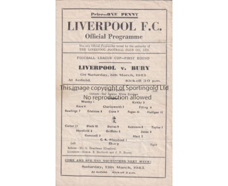 1942/43 LIVERPOOL  v BURY      (Football League Cup 1st Round) single sheet official programme for the match played 6 March 1