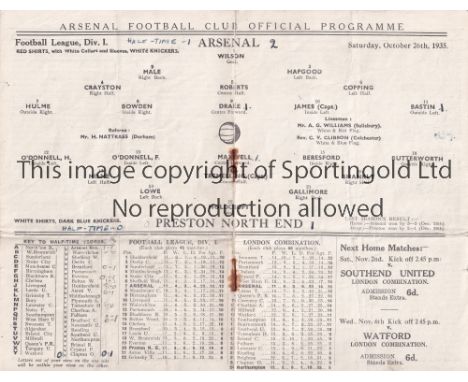 ARSENAL V PRESTON NORTH END 1935   Programme for the League match at Arsenal 26/10/1935, team changes and slightly creased.  