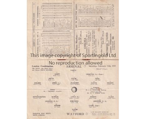 ARSENAL V WATFORD 1939    Programme for the Combination match at Arsenal 11/2/1939, slight vertical crease.    Generally good