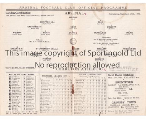 ARSENAL V CHARLTON ATHLETIC 1936     Programme for the Combination match at Arsenal 17/10/1936, slightly creased and scores e