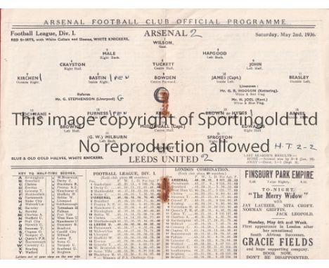 ARSENAL V LEEDS UNITED 1936    Programme for the League match at Arsenal 2/5/1936, which includes a report on the 1936 FA Cup