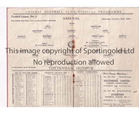 ARSENAL V TOTTENHAM HOTSPUR 1934     Programme for the League match at Arsenal 20/10/1934, creased.    Fair to generally good