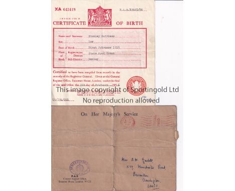 STANLEY MATTHEWS     Very rare piece of Memorabilia for Sir Stanley Matthews, a certified copy of his ''Certificate of Birth'