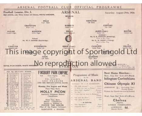 ARSENAL V EVERTON 1936 / DIXIE DEAN     Programme for the League match at Arsenal 29/8/1936, slight horizontal crease. Dixie 