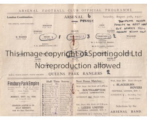 ARSENAL V QUEEN'S PARK RANGERS 1930    Programme for the Combination match at Arsenal 30/8/1930, slightly creased and very sl