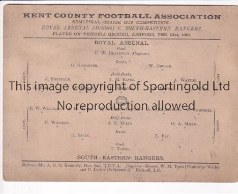 ROYAL ARSENAL 1891       Small card programme for the Kent County Football Association Senior Cup Semi-Final held at the Vict
