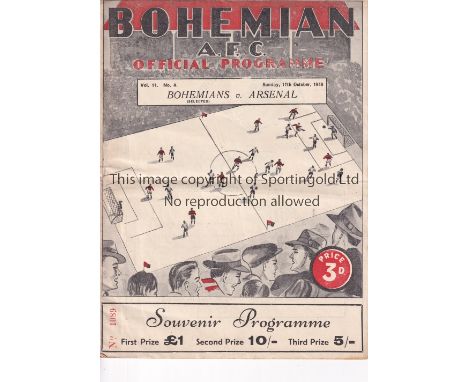 ARSENAL      Programme for the away Friendly v Bohemians Selected 17/10/1948 in Dublin, horizontal fold, team changes and sco