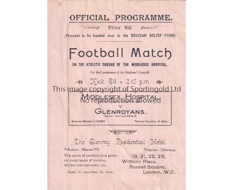 CHARITY FOOTBALL MATCH CIRCA 1914     Programme for the Charity Match, Middlesex Hospital v Glenroyans for the Belgian Relief