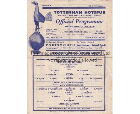 1951/52 TOTTENHAM        Tottenham Juniors v Chelsea Juniors (Middlesex Invitation Cup) single sheet official programme for t