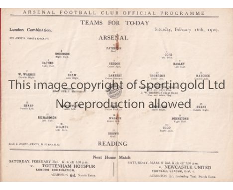 ARSENAL V READING 1929    Programme for the Combination match at Arsenal 16/2/1929, slightly creased and staples removed.   G