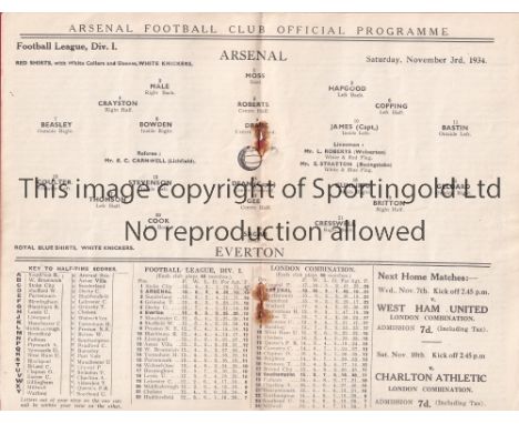 ARSENAL V EVERTON 1934     Programme for the League match at Arsenal 3/11/1934, staples rusted away and 2 small holes.    Fai