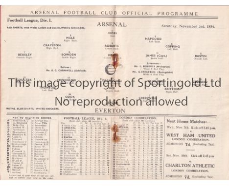 ARSENAL V EVERTON 1934     Programme for the League match at Arsenal 3/11/1934, staples rusted away and 2 small holes.    Fai