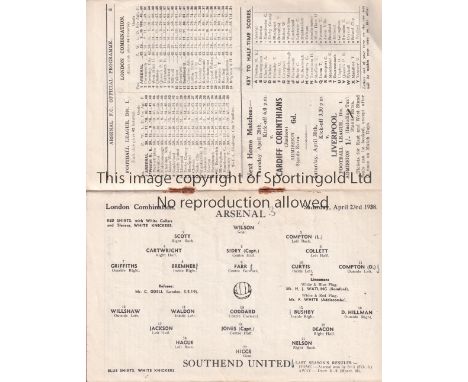 ARSENAL V SOUTHEND UNITED 1938     Programme for the Combination match at Arsenal 23/4/1938, scores entered.    Generally goo