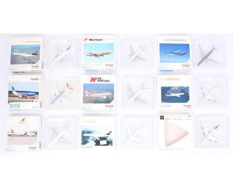 Herpa: A collection of nine boxed Herpa, Boeing and Airbus model aircraft to include: 503549, 503525, 508407, 508490, 504638,