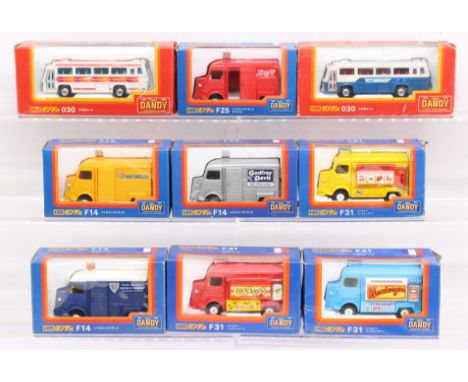 Tomica: A collection of nine boxed Tomica Dandy 1:43 Scale vehicles. Contents appear in a very good condition, some slight da