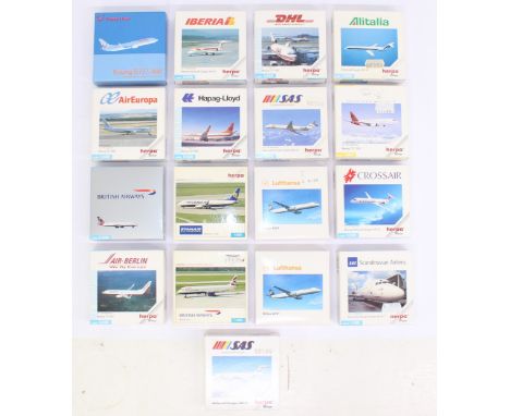 Herpa: A collection of seventeen small boxed Herpa, model aircraft. General condition of vehicles is good, original boxes. Pl