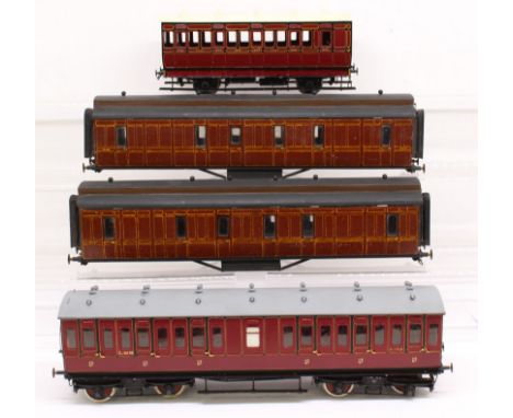Model Railway: A collection of four kit built coaches, to include: LMS 5390, Mercian LMS coach, and two coaches lacking bogie