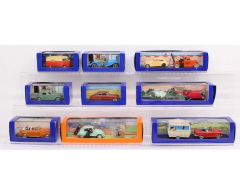 Herge: A collection of nine boxed Herge Atlas Edition Tintin model vehicles. Original boxes. General condition of the content