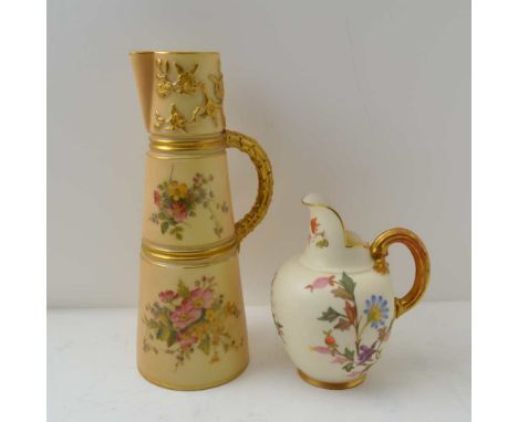 A ROYAL WORCESTER CHINA BLUSH IVORY GROUNG JUG of tapering form, gilded bound reed handle, hand painted floral decoration, da