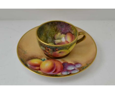 A MATCHED ROYAL WORCESTER BONE CHINE CABINET CUP & SAUCER, both hand painted and signed by different artists, the internally 
