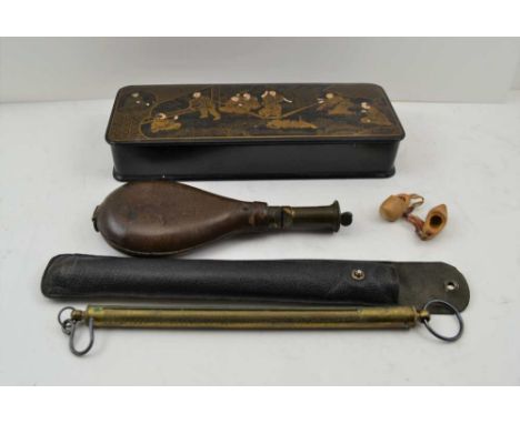 A P. FRITH PATENT 19TH CENTURY SHOT FLASK, sewn leather body with measure device to neck, together with a Japanese black lacq