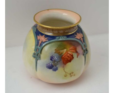 A ROYAL WORCESTER JAMES HADLEY CHINA VASE of squat lobed form, moulded Gothic Revival strap work, hand painted with fruiting 