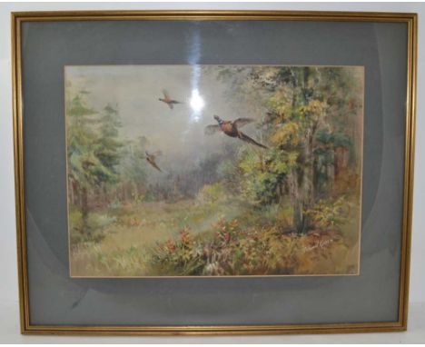 ROLAND GREEN (1896-1972) 'Pheasants taking flight in a Coppice', Watercolour painting, 35cm x 49cm, signed, gilt framed, moun