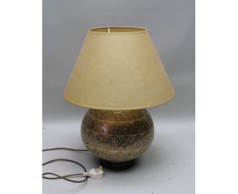 A PROBABLE KASHMIRI BULBOUS BASED PAPIER MACHE TABLE LAMP, hand painted with coriander leaf panels, currently sporting a parc