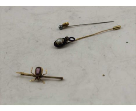 A BAROQUE PEARL AND EMANEL STICK PIN, one other stick pin, and a 9ct gold insect brooch, stone and seed pearl set 