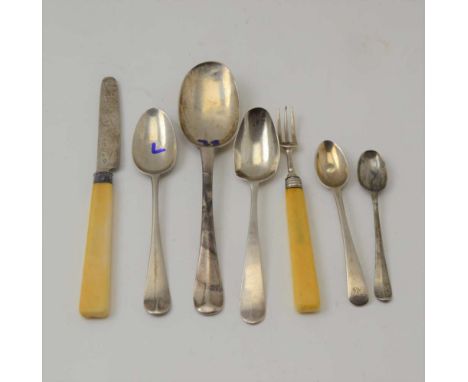 GEORGE I SILVER RAT TAIL SPOON, an 18th century shell back spoon, an 18th century flower back spoon, an 18th century snuff sp