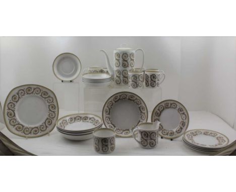 A SUSIE COOPER VENETIA BONE CHINA COFFEE SET FOR SIX, comprising; coffee pot, milk jug, sugar bowl, six tea plates, six sauce