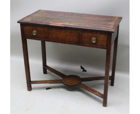 A 19TH CENTURY OAK LOWBOY, crossbanding to top, two drawers with brass rope ring handles, square legs united by an 'X' shaped