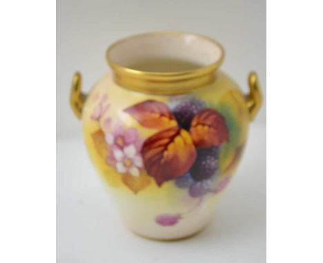 A ROYAL WORCESTER CHINA TWO-HANDLED VASE hand painted autumn fruits decoration signed by Kitty Blake, factory backstamp to ba