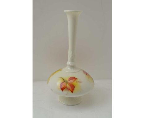 A ROYAL WORCESTER CHINA VASE, flared trumpet neck on a squat body and circular platform foot, off white ground hand painted i