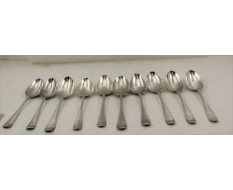 TEN MID-18TH CENTURY SILVER TABLE / SOUP SPOONS, various makers, same design, each with an engraved crest, a hand holding alo