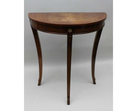 A BEVAN FUNNELL BRANDED REPRODUCTION MAHOGANY THREE LEGGED CONSOLE TABLE, with applied cast brass metal rosettes, 70cm high, 