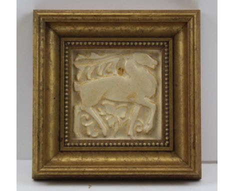 A FRAMED 1950'S MARSDEN TILE moulded Stag design, 10cm square 