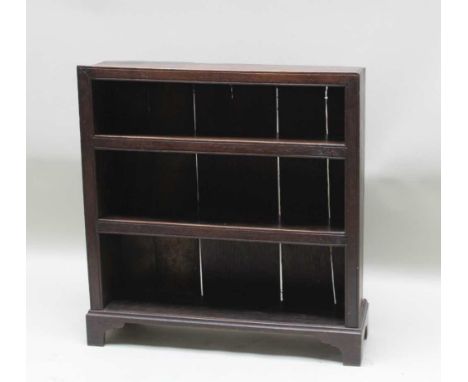 A 19TH CENTURY ELM SET OF STATIC SHELVES, constructed from earlier planks, supported on plain bracket feet, 78cm x 74cm 