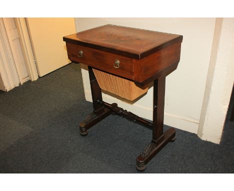 A Victorian style inlaid walnut sewing table with banded rectangular top with central floral panel, drawer and silks box bene