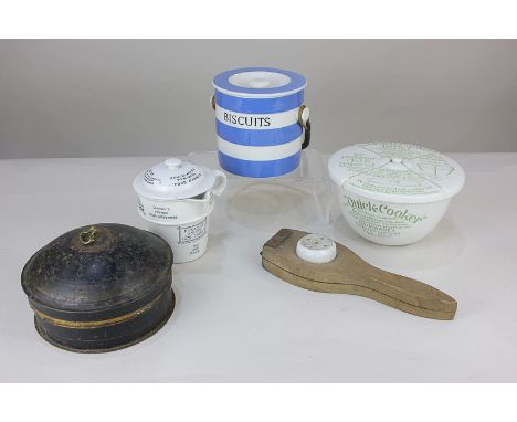 A blue and white Cornishware pottery biscuit barrel with cane handle, T.G Green black shield mark to base, 12cm high, togethe