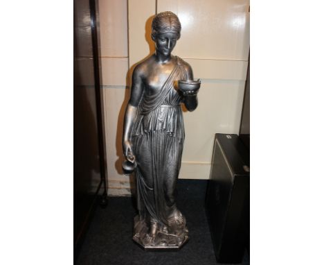 A classical figure statue, the Grecian semi-nude woman with bowl and jug, silver finish on composite 78.5cm high