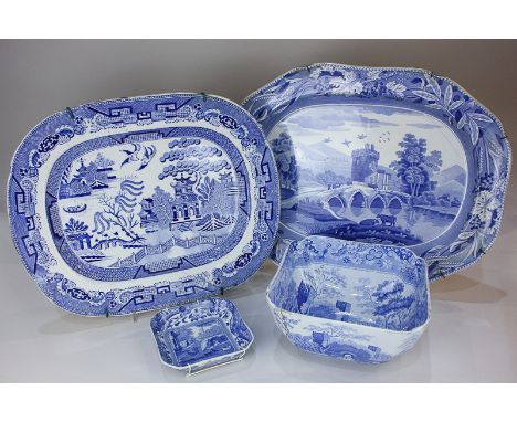 A Copeland Spode Italian pattern blue and white square dish, 14.7cm, together with a large Spode blue and white serving platt