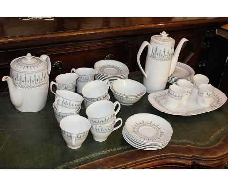 A Spode porcelain part tea and coffee set in the Brussels pattern, with teapot, coffee pot, seven teacups, six saucers, four 